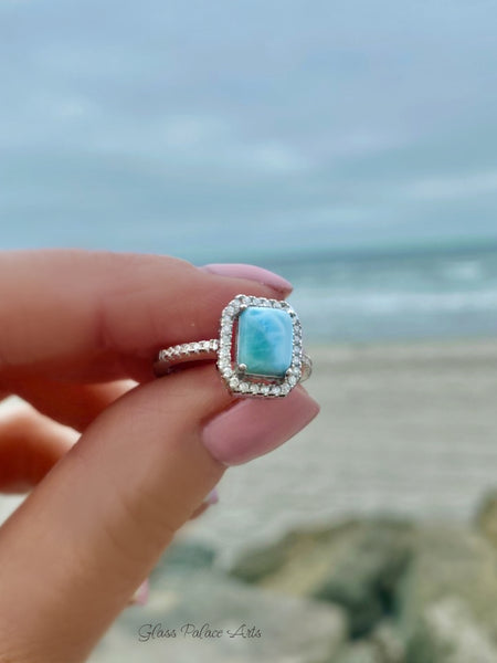 Sterling Silver Larimar Ring For Women - Radiant Cut With Cubic Zirconia