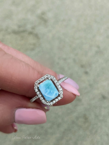 Sterling Silver Larimar Ring For Women - Radiant Cut With Cubic Zirconia