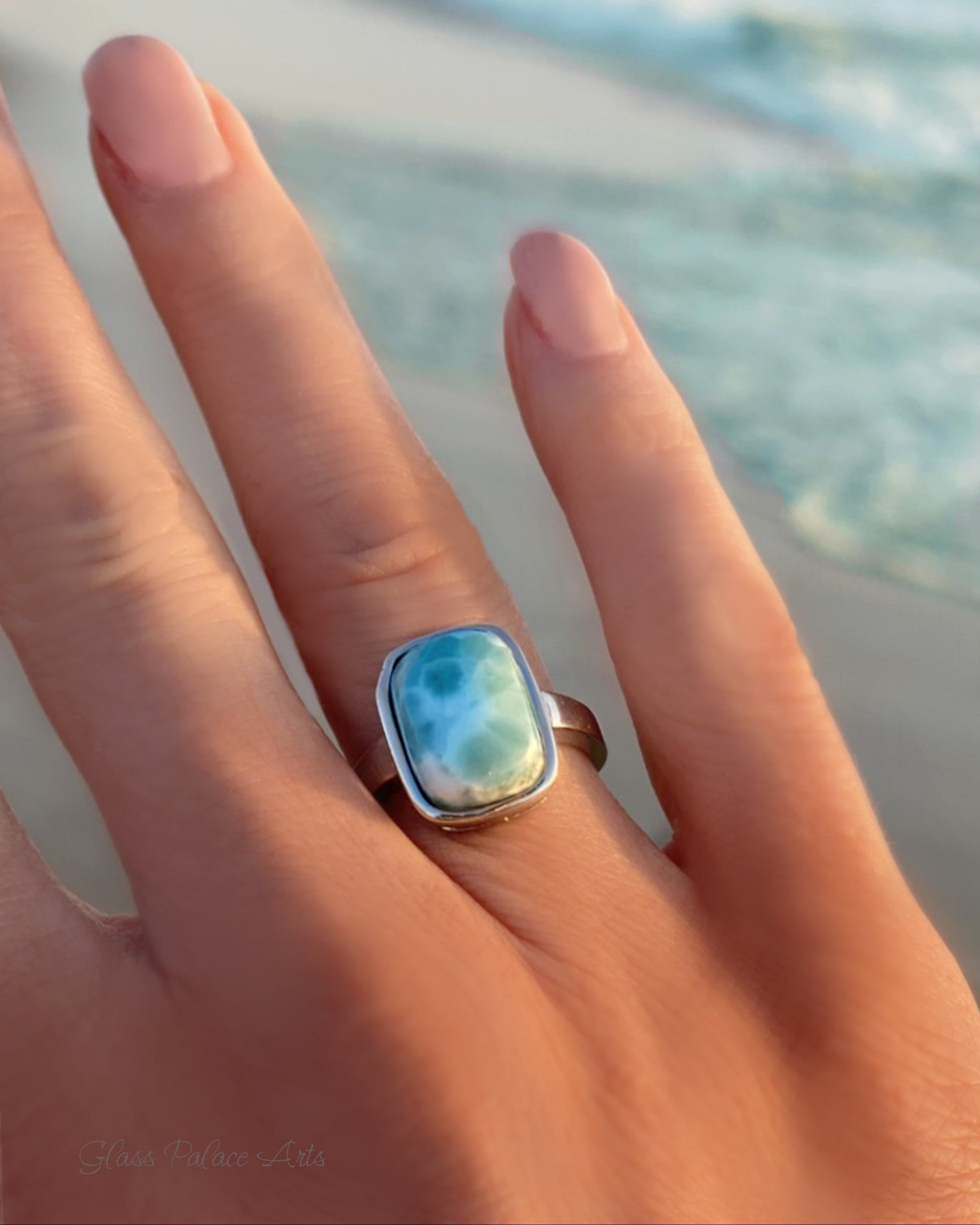 Larimar Ring For Women With Hammered Sterling Silver Band - Caribbean Statement Ring