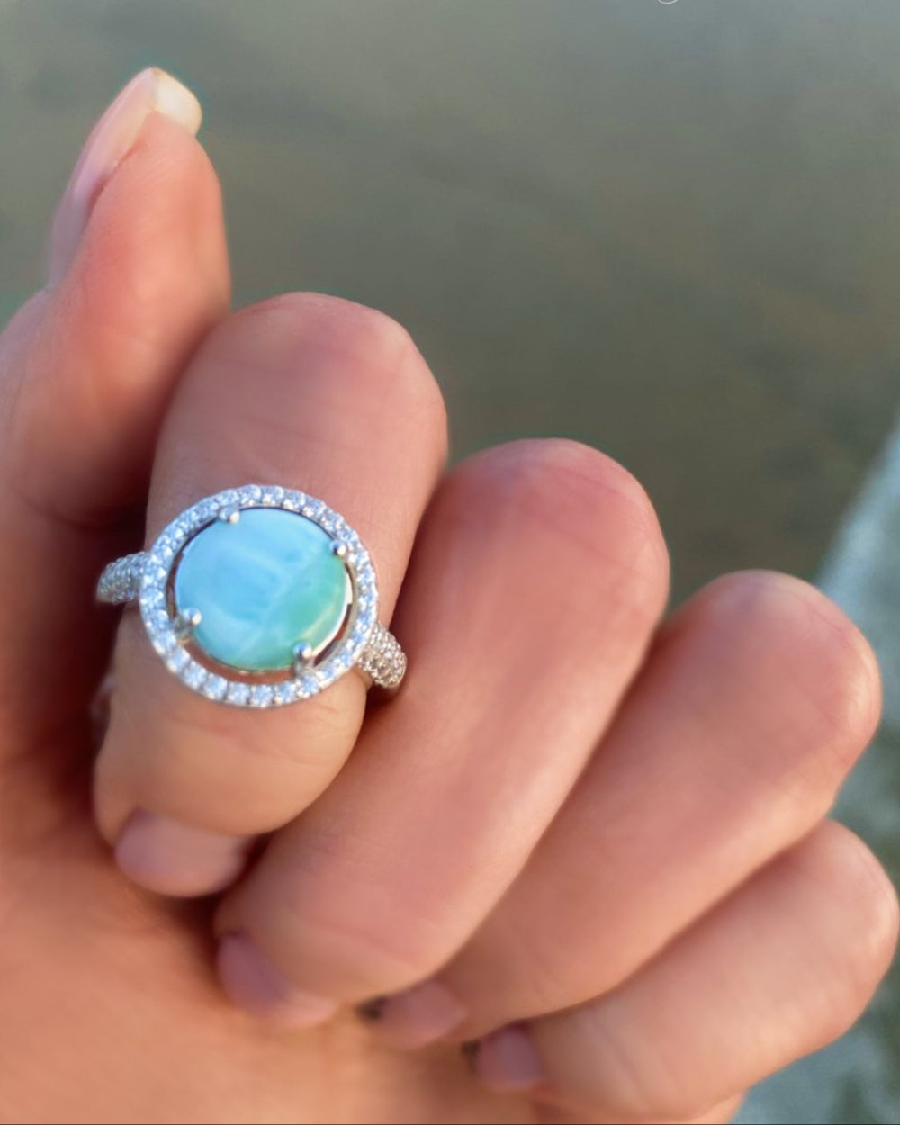 Halo Larimar Ring With Cubic Zirconia - 925 Sterling Silver