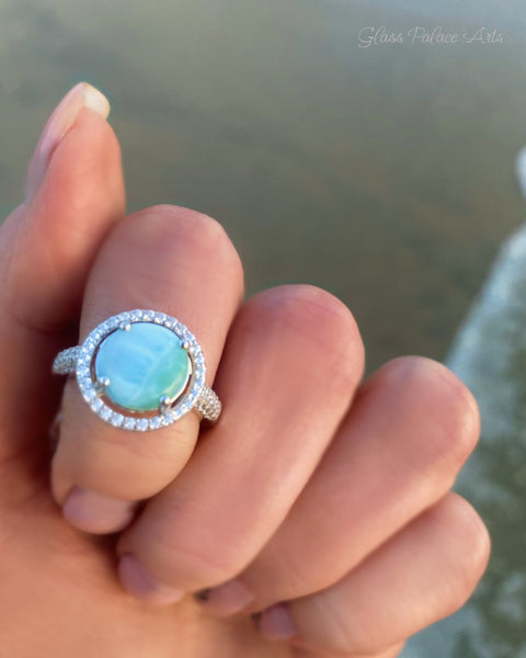 Halo Larimar Ring With Cubic Zirconia - 925 Sterling Silver