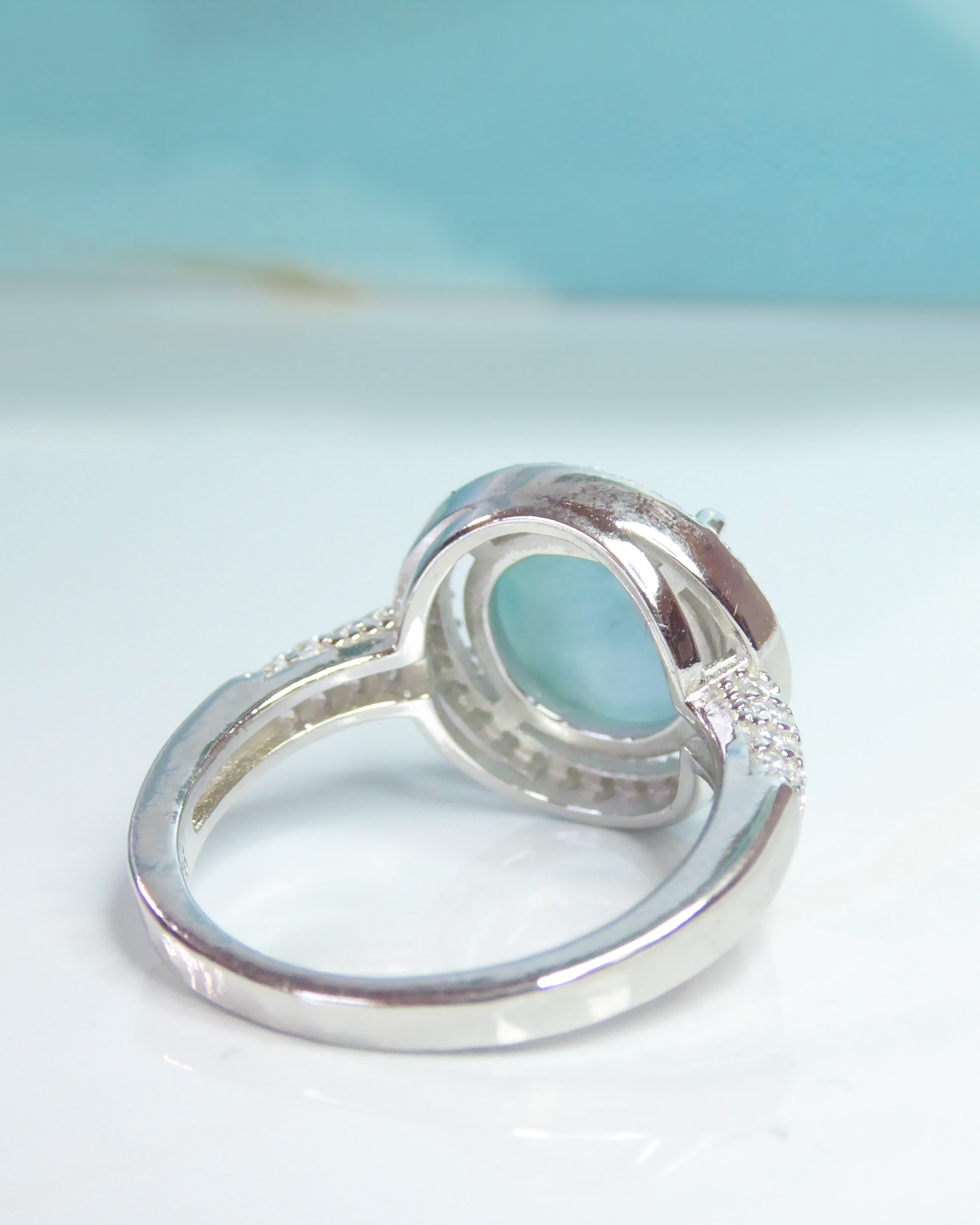 Sterling Silver Larimar Ring With Cubic Zirconia Halo – Glass