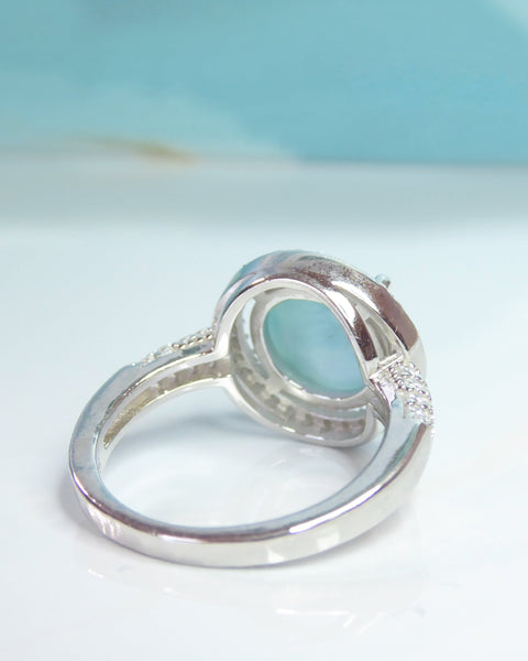 Halo Larimar Ring With Cubic Zirconia - 925 Sterling Silver