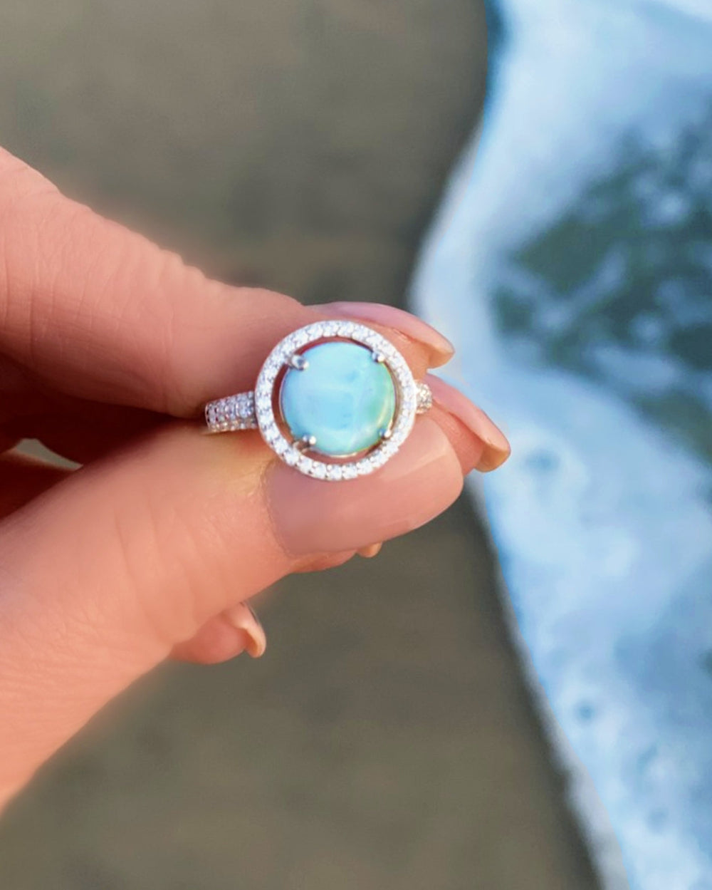 Halo Larimar Ring With Cubic Zirconia - 925 Sterling Silver