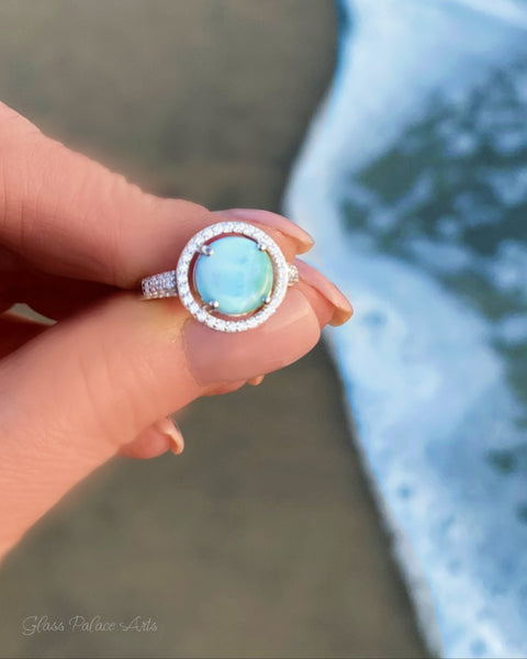 Halo Larimar Ring With Cubic Zirconia - 925 Sterling Silver