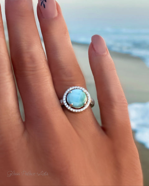 Halo Larimar Ring With Cubic Zirconia - 925 Sterling Silver