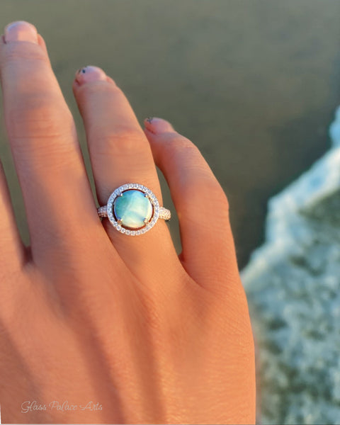 Halo Larimar Ring With Cubic Zirconia - 925 Sterling Silver