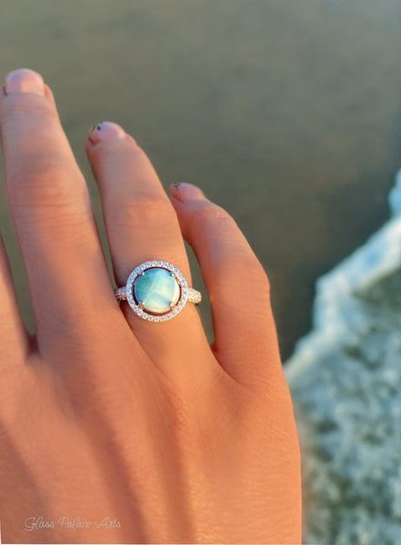 Halo Larimar Ring With Cubic Zirconia - 925 Sterling Silver