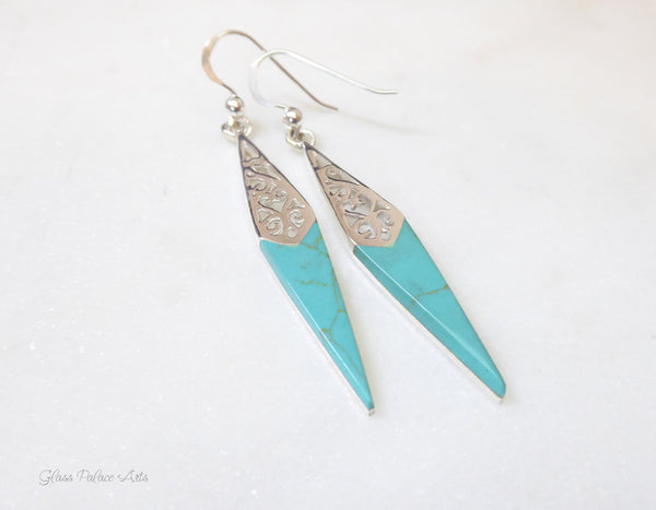 Sterling Silver Turquoise Dangle Earrings With Filigree Pattern