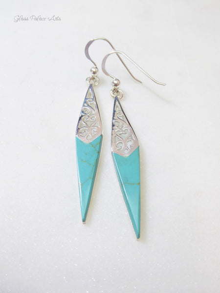Sterling Silver Turquoise Dangle Earrings With Filigree Pattern