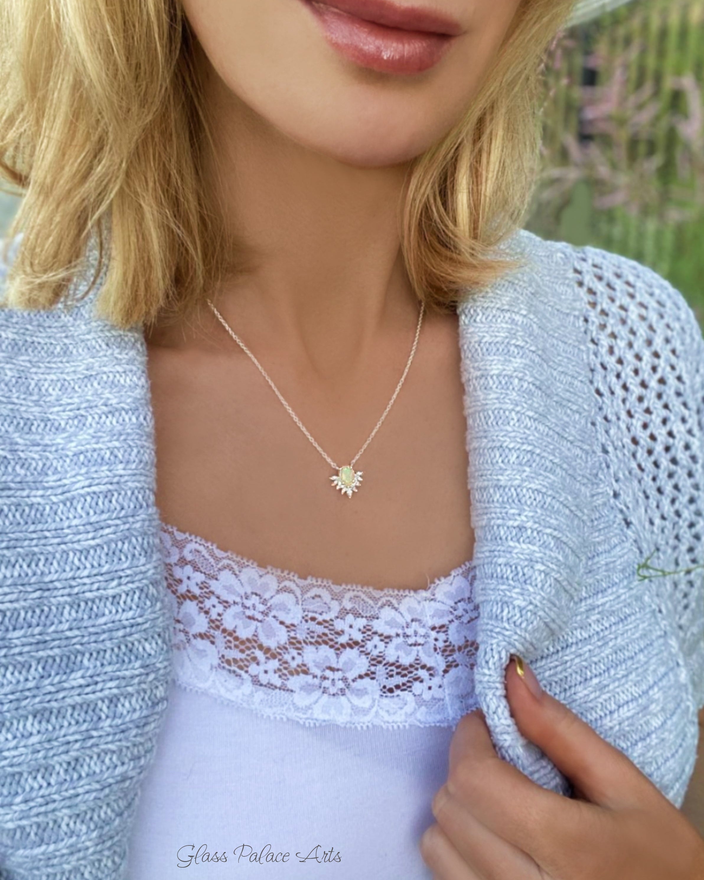 Ethiopian Opal and White Topaz Starburst Necklace For Women - 925 Sterling Silver