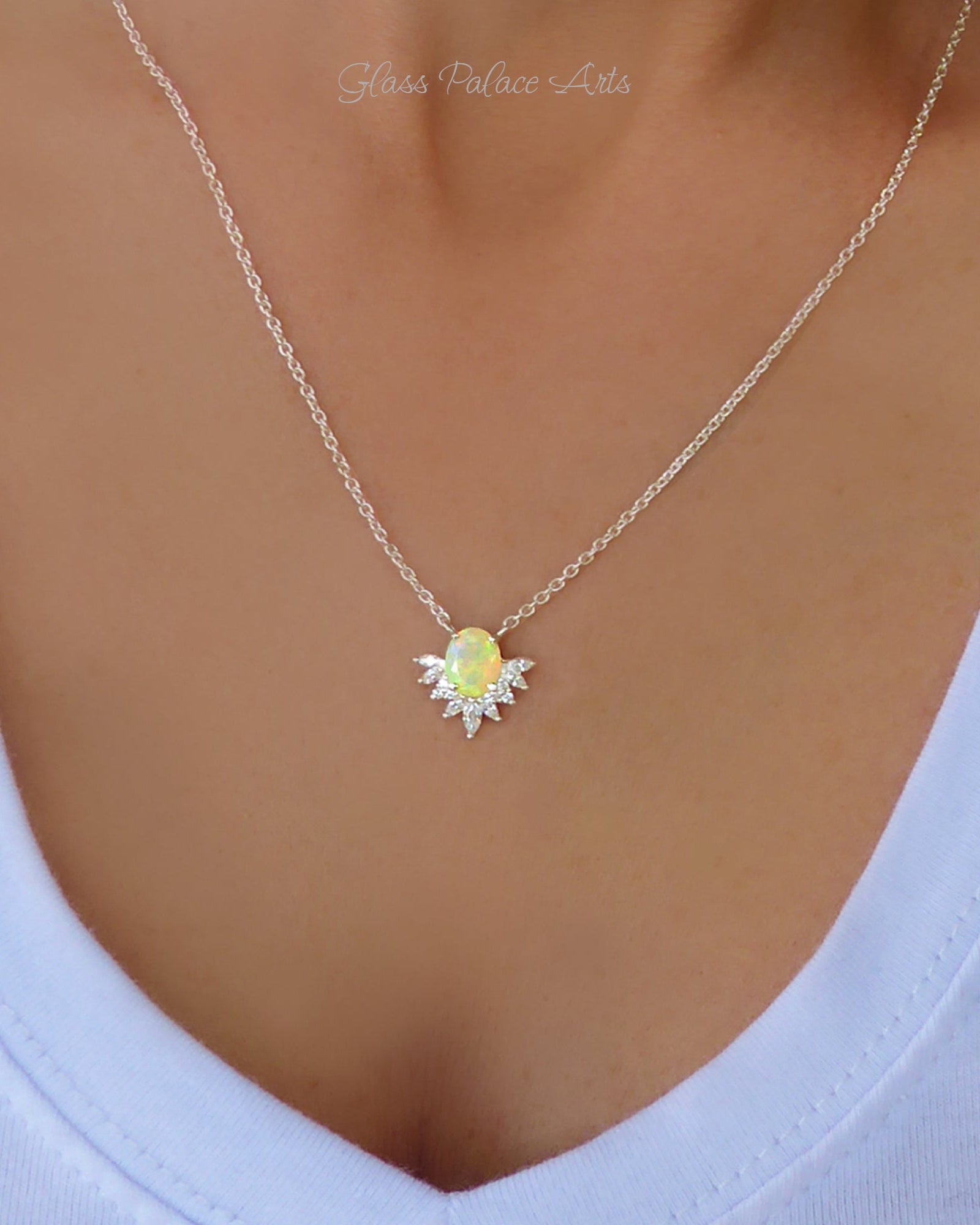 Ethiopian Opal and White Topaz Starburst Necklace For Women - 925 Sterling Silver