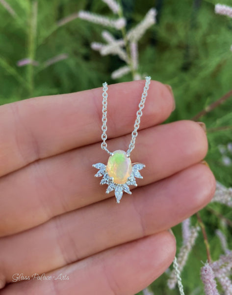 Ethiopian Opal and White Topaz Starburst Necklace For Women - 925 Sterling Silver