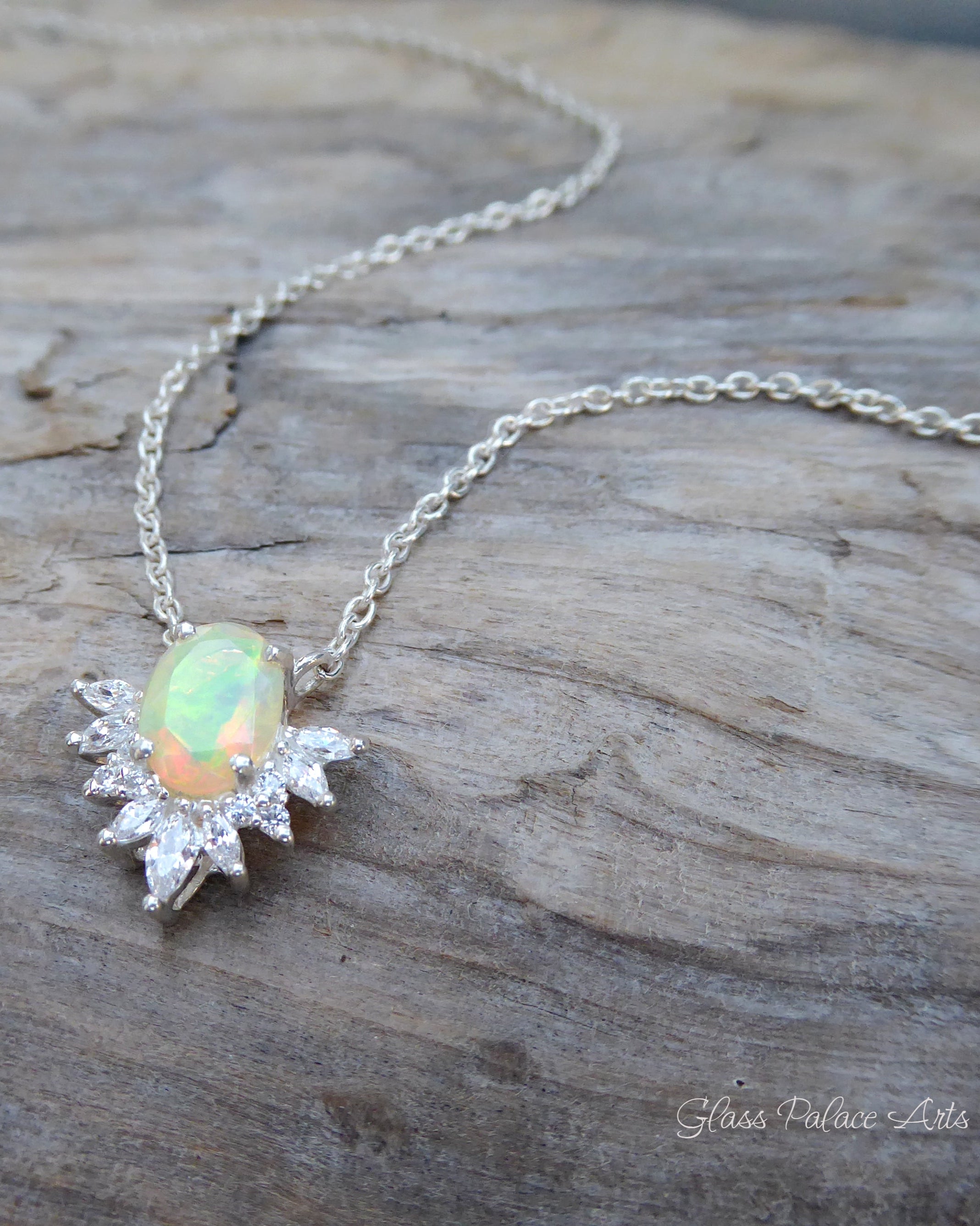 Ethiopian Opal and White Topaz Starburst Necklace For Women - 925 Sterling Silver