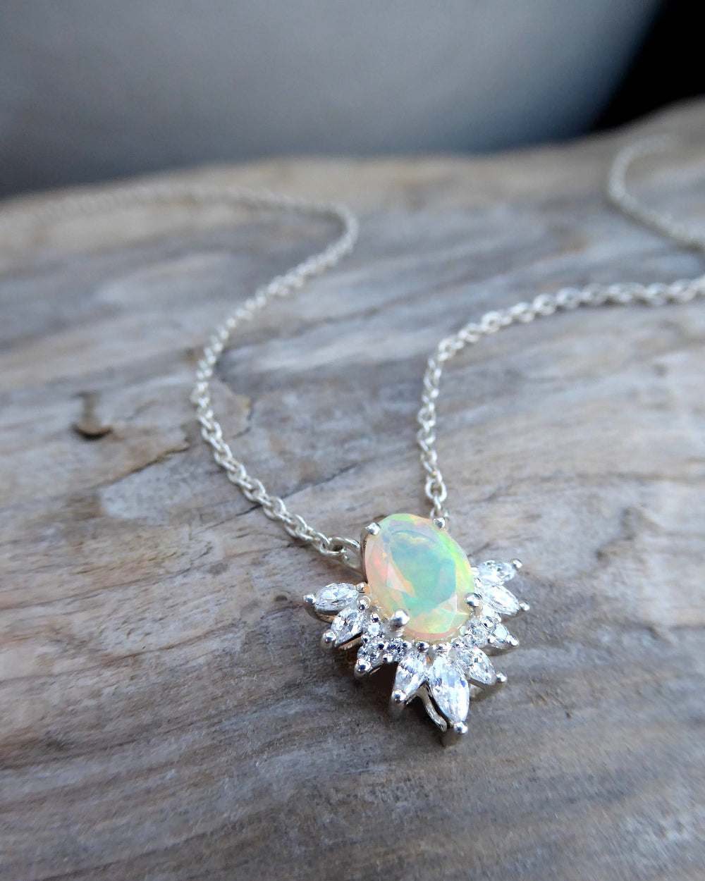 Ethiopian Opal and White Topaz Starburst Necklace For Women - 925 Sterling Silver