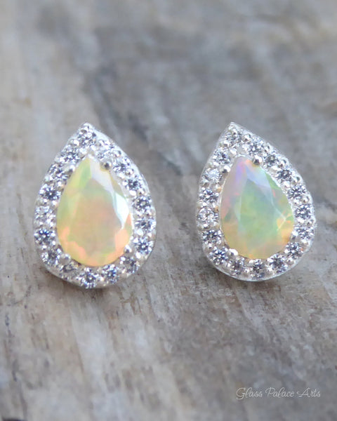 Ethiopian Opal Earring Studs With White Topaz - Pear Cut 925 Sterling Silver