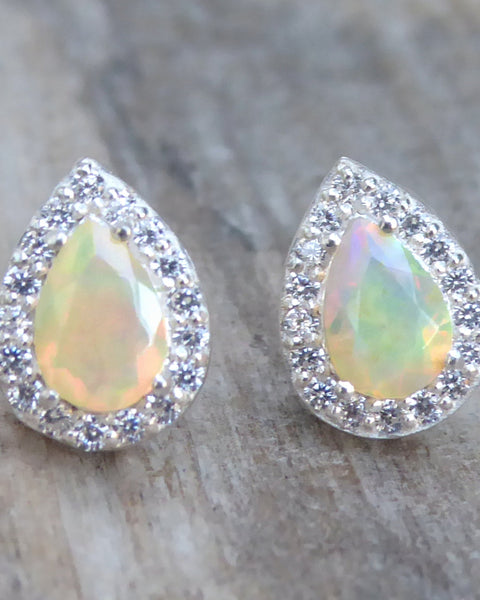 Ethiopian Opal Earring Studs With White Topaz - Pear Cut 925 Sterling Silver