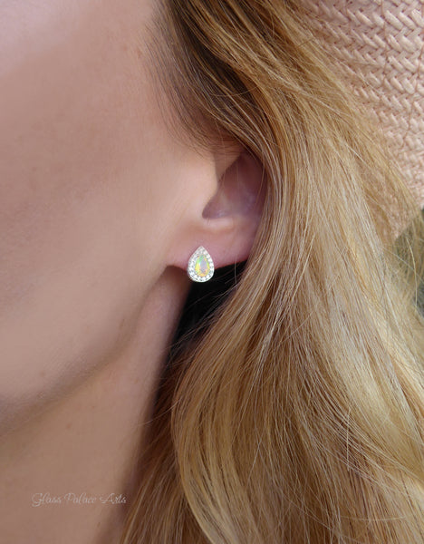 Ethiopian Opal Earring Studs With White Topaz - Pear Cut 925 Sterling Silver