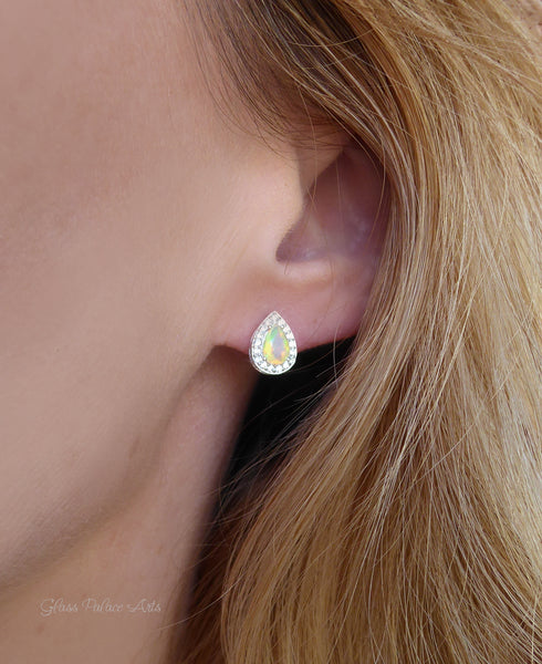 Ethiopian Opal Earring Studs With White Topaz - Pear Cut 925 Sterling Silver