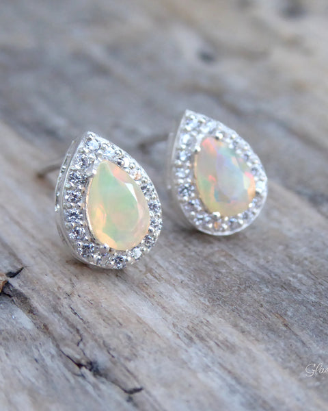 Ethiopian Opal Earring Studs With White Topaz - Pear Cut 925 Sterling Silver