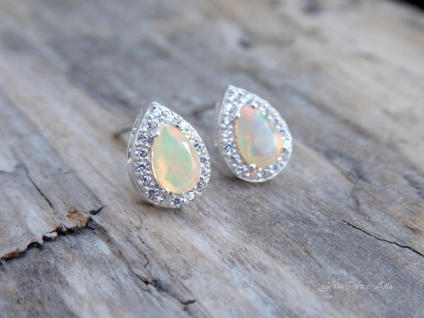 Ethiopian Opal Earring Studs With White Topaz - Pear Cut 925 Sterling Silver