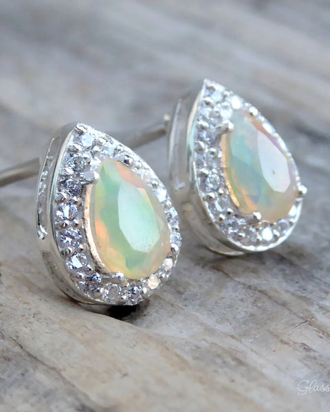 Ethiopian Opal Earring Studs With White Topaz - Pear Cut 925 Sterling Silver