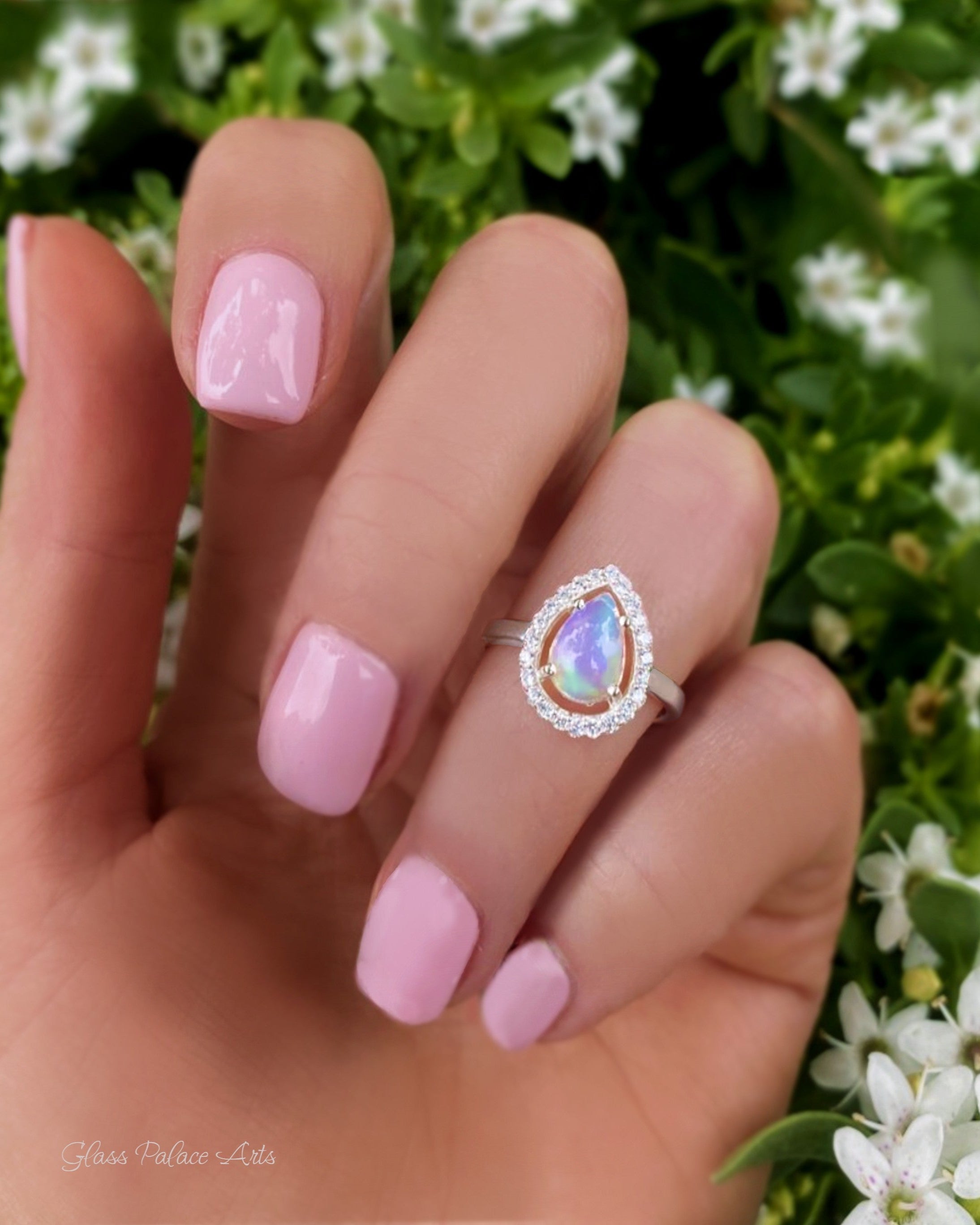 Ethiopian Opal Ring With White Topaz - 925 Sterling Silver Pear Shape