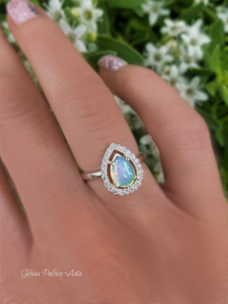 Ethiopian Opal Ring With White Topaz - 925 Sterling Silver Pear Shape