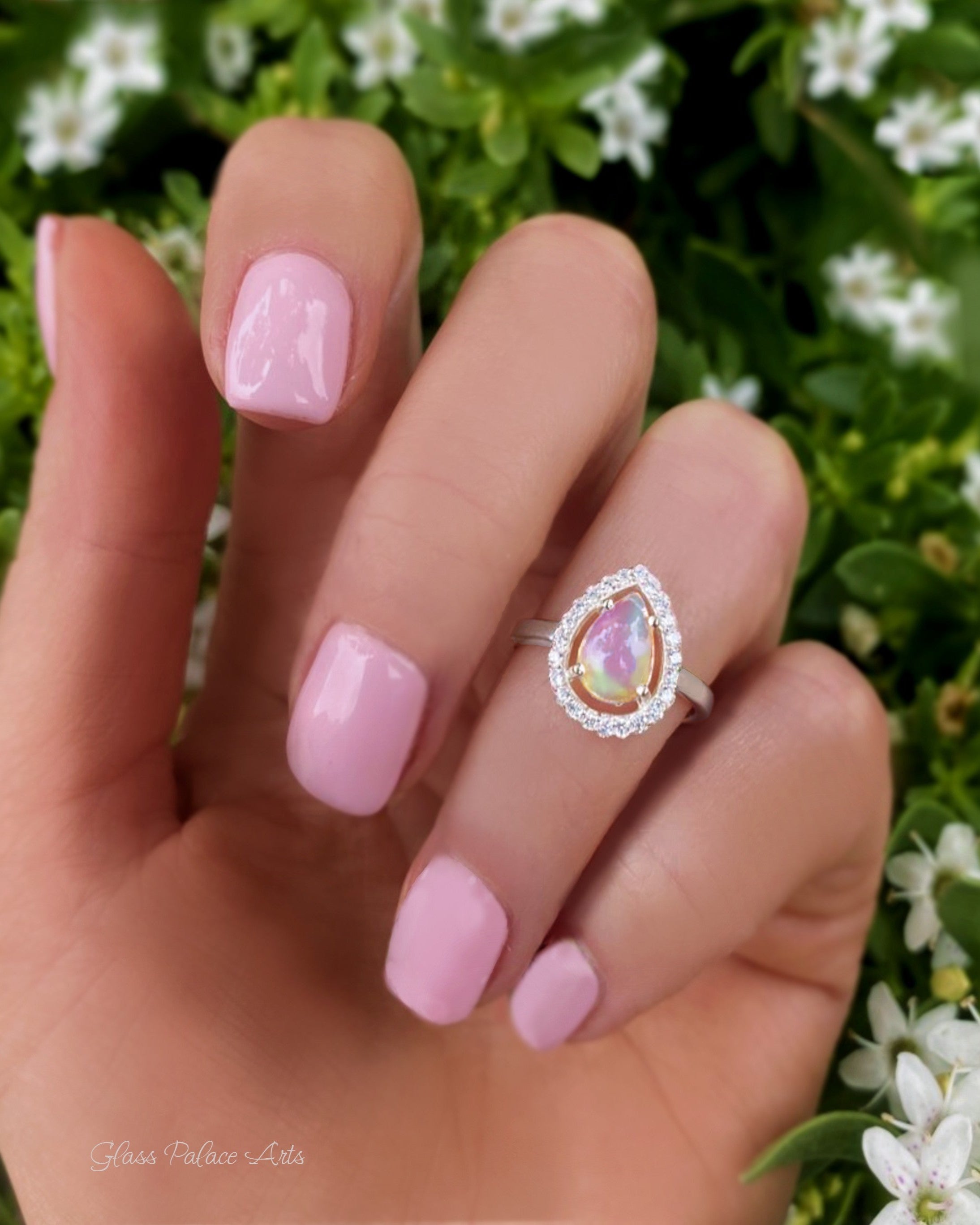 Ethiopian Opal Ring With White Topaz - 925 Sterling Silver Pear Shape