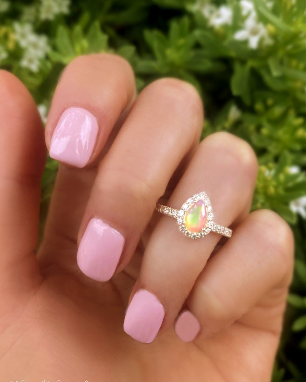 Fire Opal Halo Ring With White Topaz - 925 Sterling Silver Small Pear Shape Ring