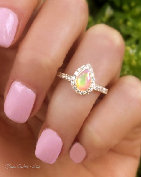 Fire Opal Halo Ring With White Topaz - 925 Sterling Silver Small Pear Shape Ring