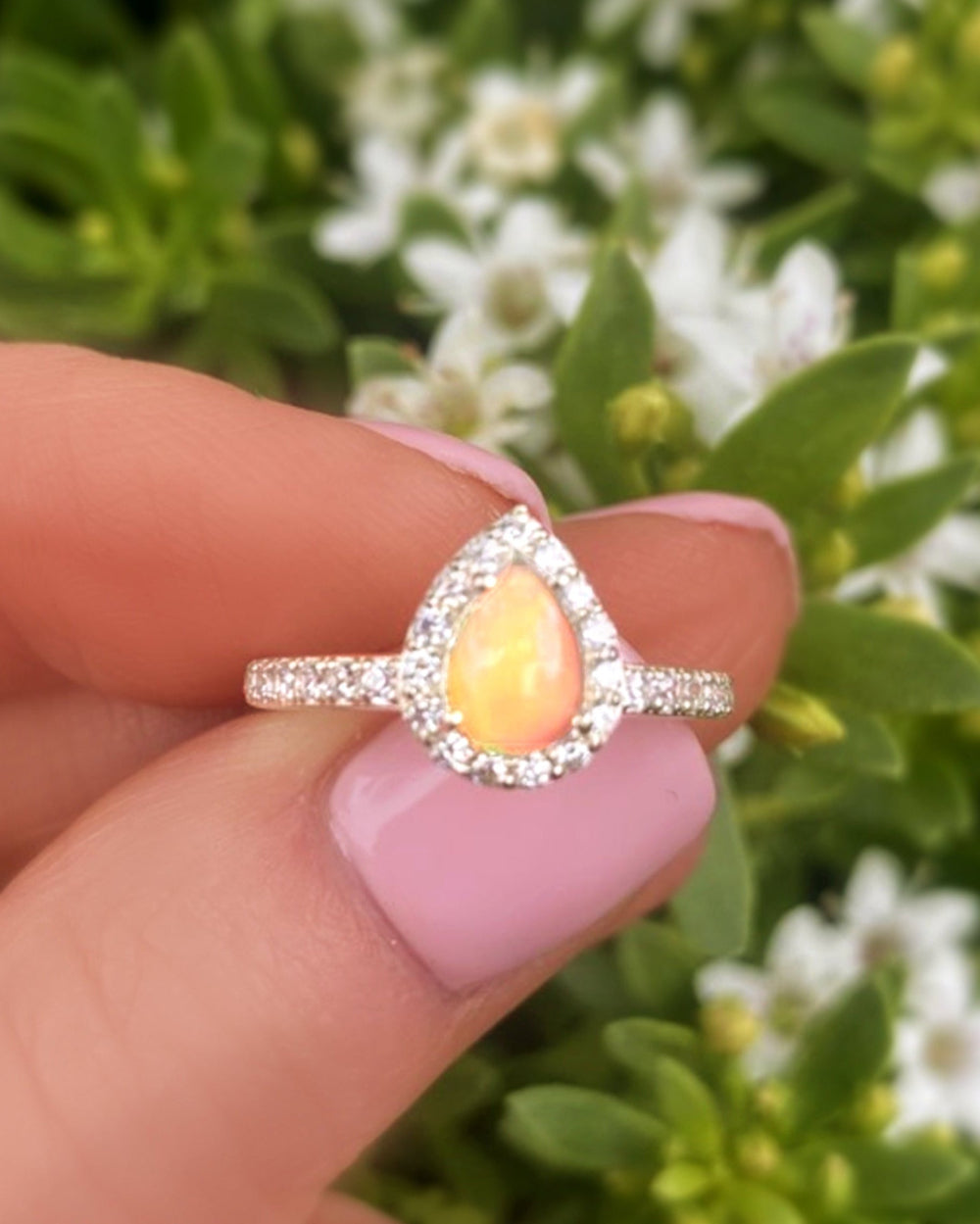 Fire Opal Halo Ring With White Topaz - 925 Sterling Silver Small Pear Shape Ring