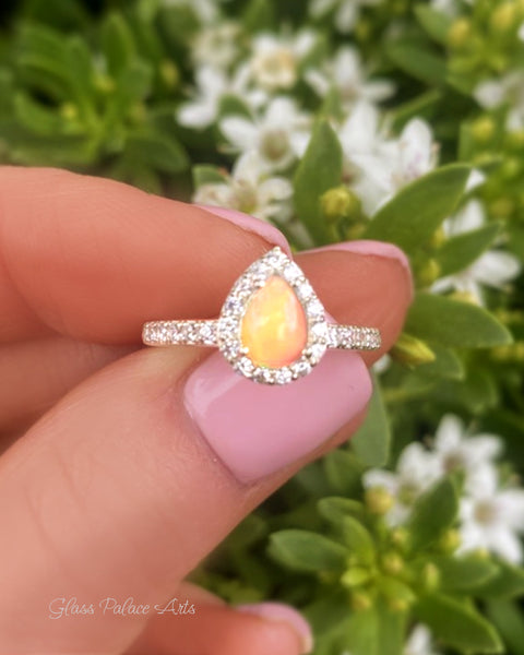 Fire Opal Halo Ring With White Topaz - 925 Sterling Silver Small Pear Shape Ring