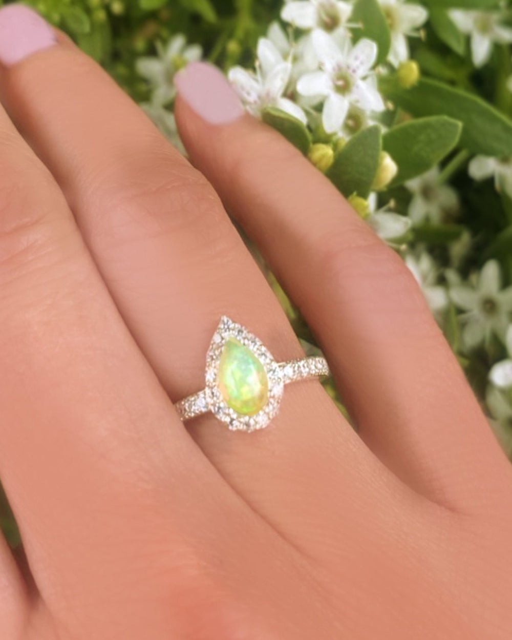 Fire Opal Halo Ring With White Topaz - 925 Sterling Silver Small Pear Shape Ring