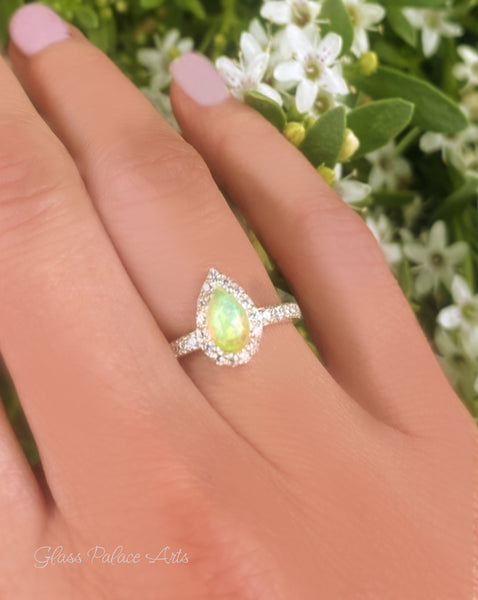 Fire Opal Halo Ring With White Topaz - 925 Sterling Silver Small Pear Shape Ring