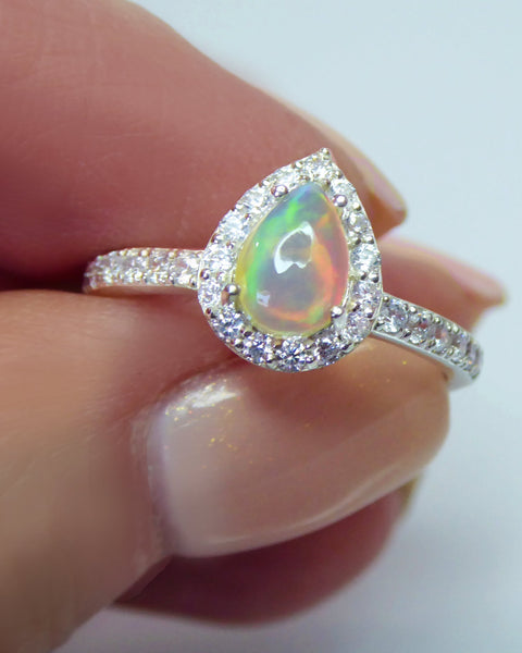 Fire Opal Halo Ring With White Topaz - 925 Sterling Silver Small Pear Shape Ring