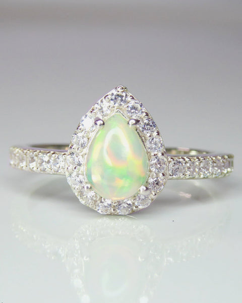 Fire Opal Halo Ring With White Topaz - 925 Sterling Silver Small Pear Shape Ring