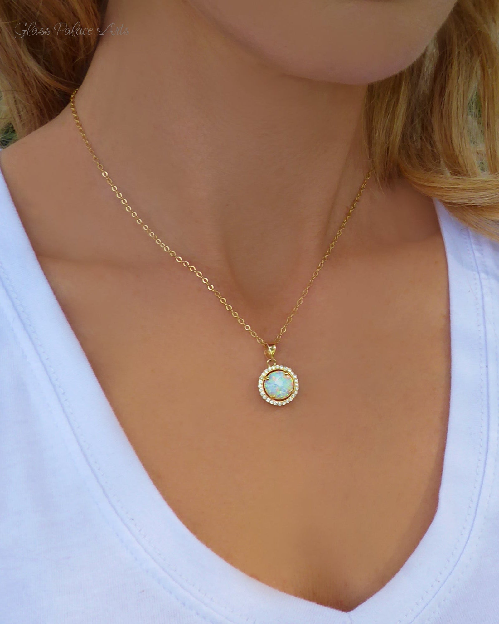 White Fire Opal Pendant Necklace With Cubic Zirconia