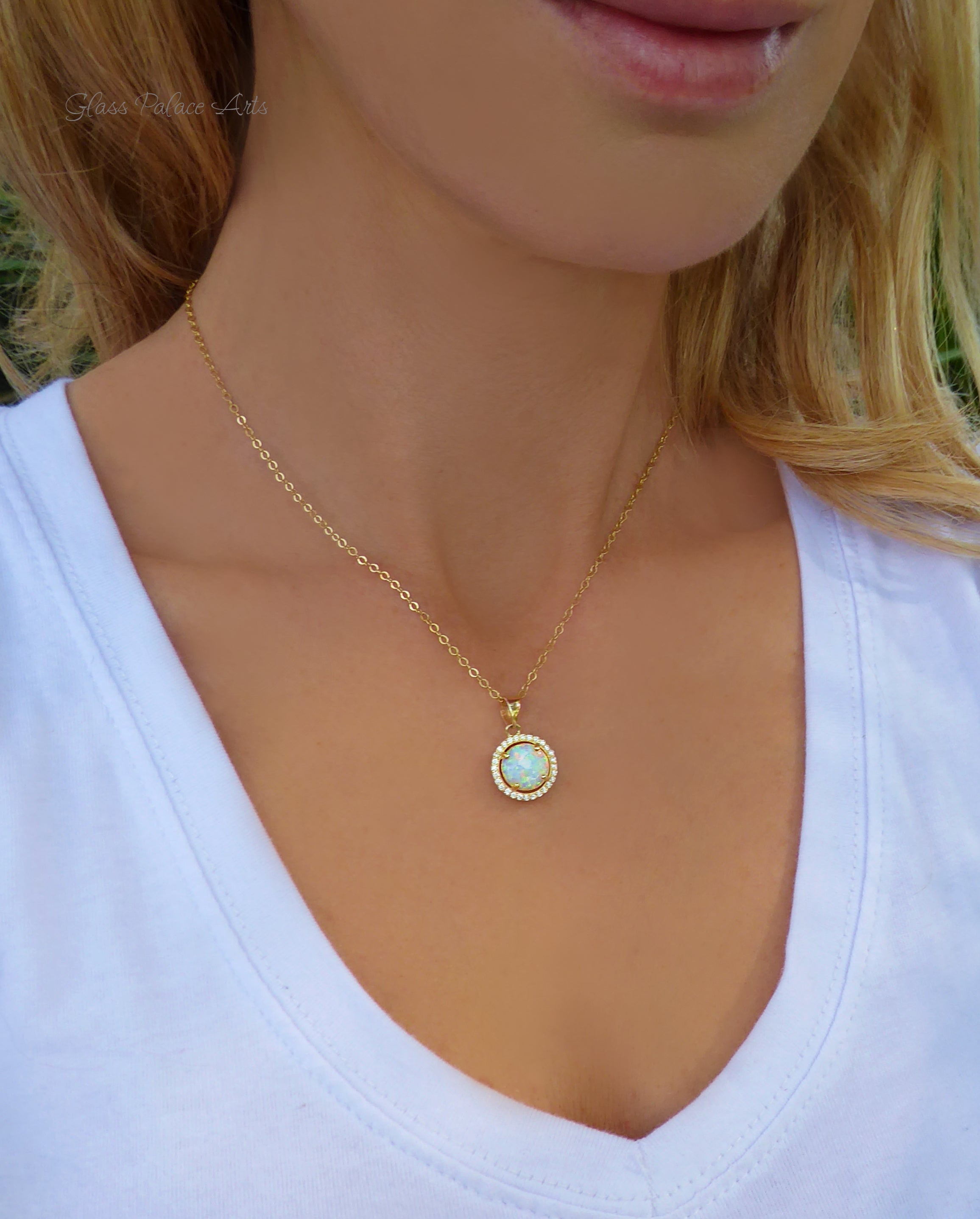 White Fire Opal Pendant Necklace With Cubic Zirconia