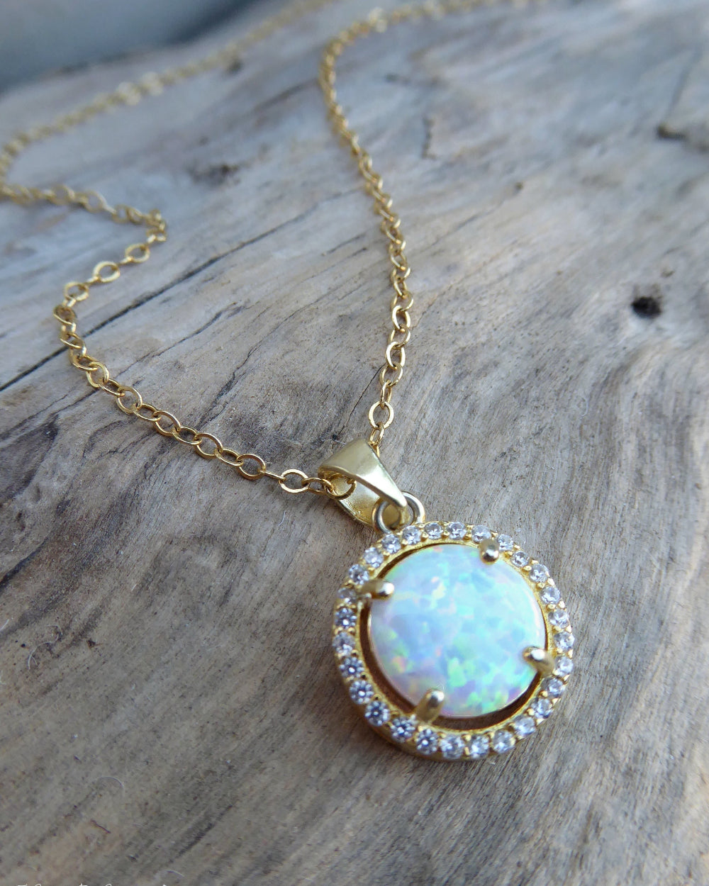 White Fire Opal Pendant Necklace With Cubic Zirconia
