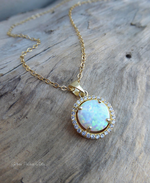 White Fire Opal Pendant Necklace With Cubic Zirconia