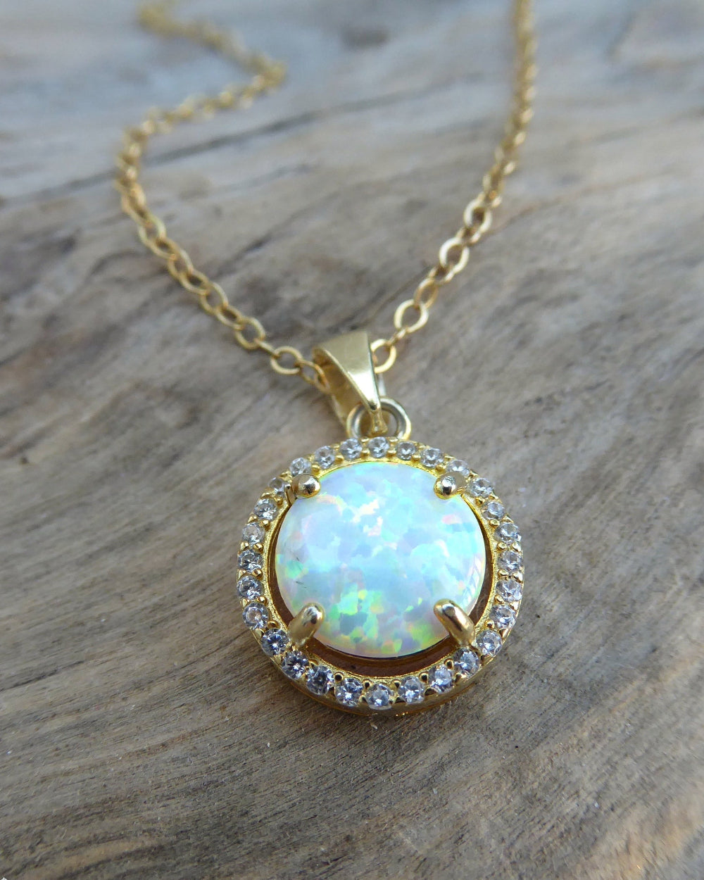 White Fire Opal Pendant Necklace With Cubic Zirconia