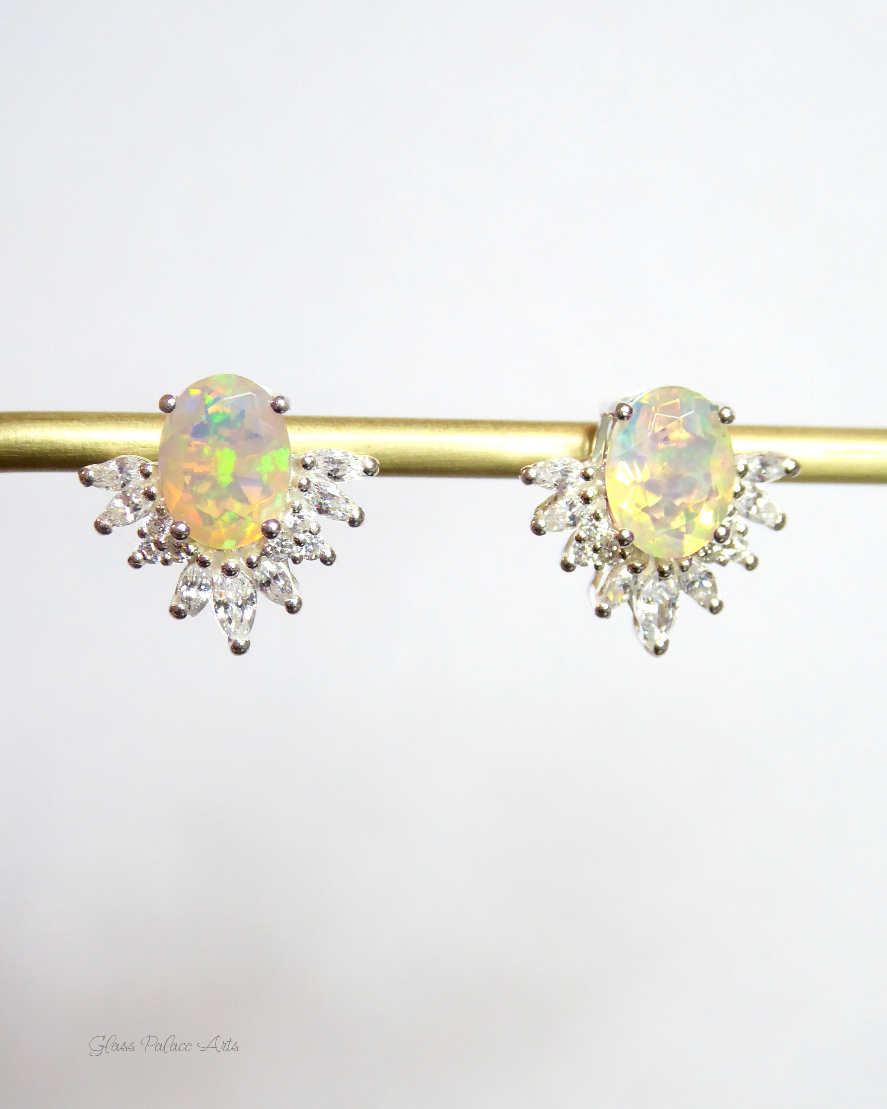 Ethiopian Opal And White Topaz Stud Earrings - 925 Sterling Silver