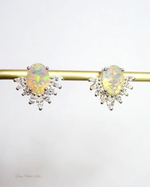 Ethiopian Opal And White Topaz Stud Earrings - 925 Sterling Silver