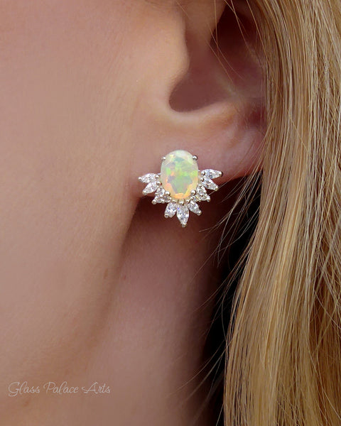 Ethiopian Opal And White Topaz Stud Earrings - 925 Sterling Silver