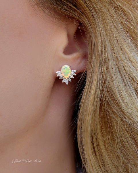 Ethiopian Opal And White Topaz Stud Earrings - 925 Sterling Silver