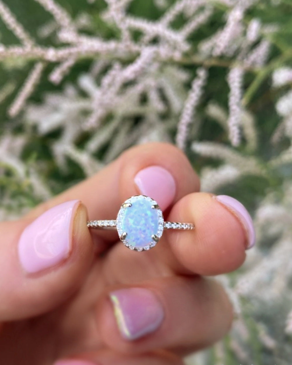 Sterling Silver White Opal Ring Encrusted with Cubic Zirconia