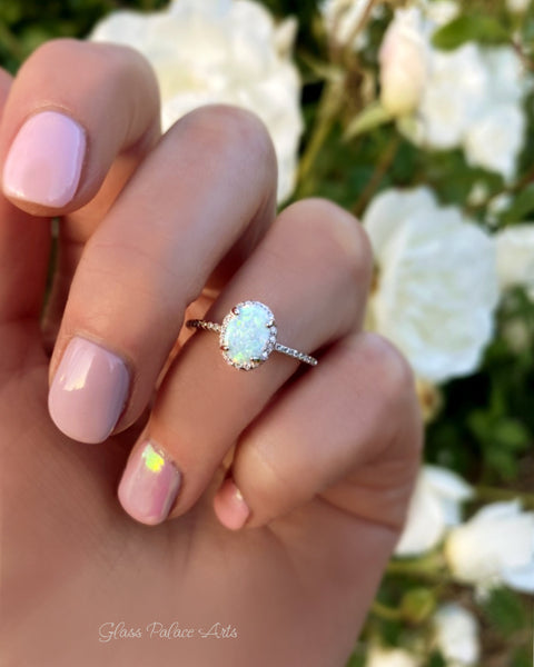 Sterling Silver White Opal Ring Encrusted with Cubic Zirconia