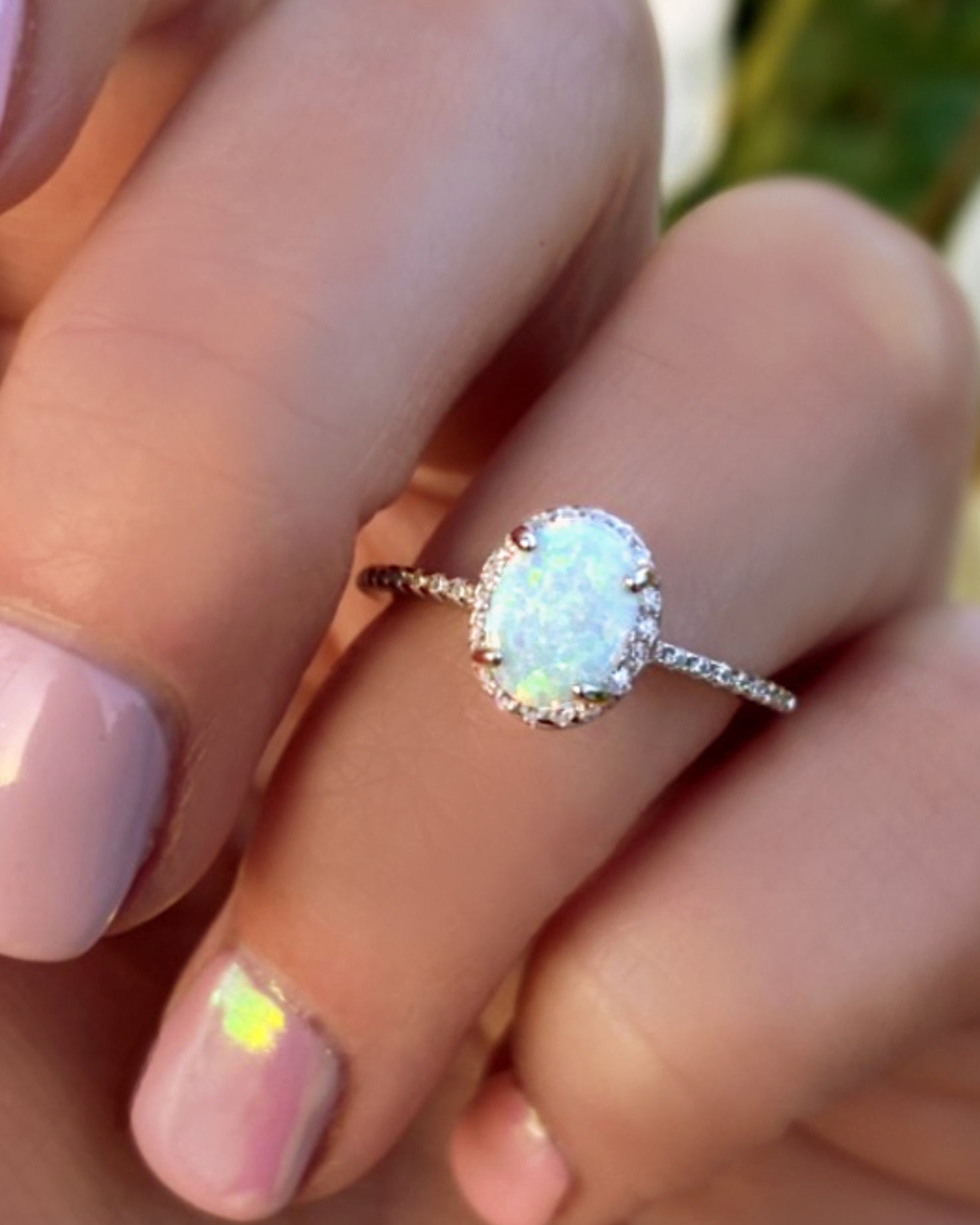 Sterling Silver White Opal Ring Encrusted with Cubic Zirconia