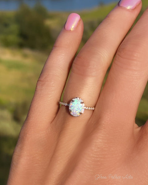 Sterling Silver White Opal Ring Encrusted with Cubic Zirconia